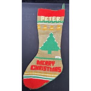 Vintage Christmas Stocking Burlap Cross Stitch Rustic Farmhouse -Peter -TO1